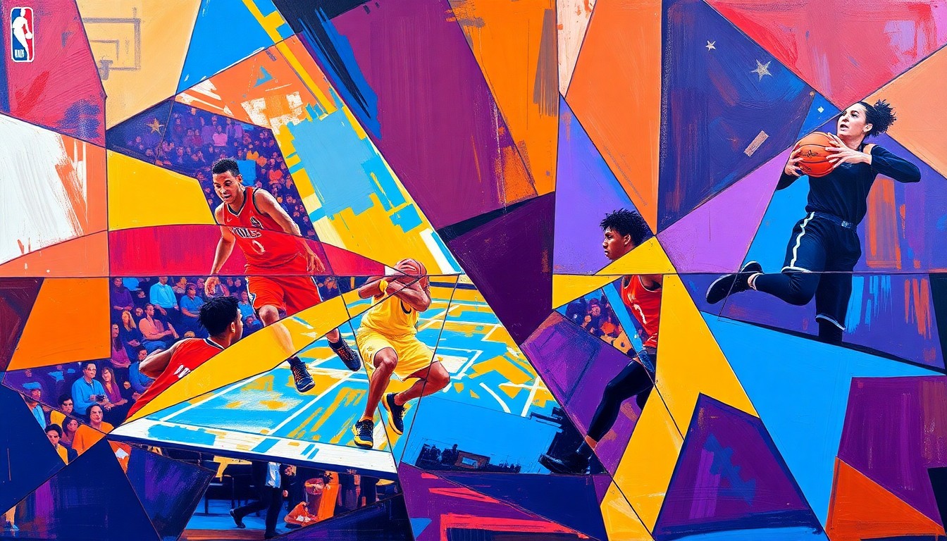 A cubist, geometric painting depicting a fragmented WNBA basketball game, with sharp, overlapping planes of color representing the dynamic action on the court.