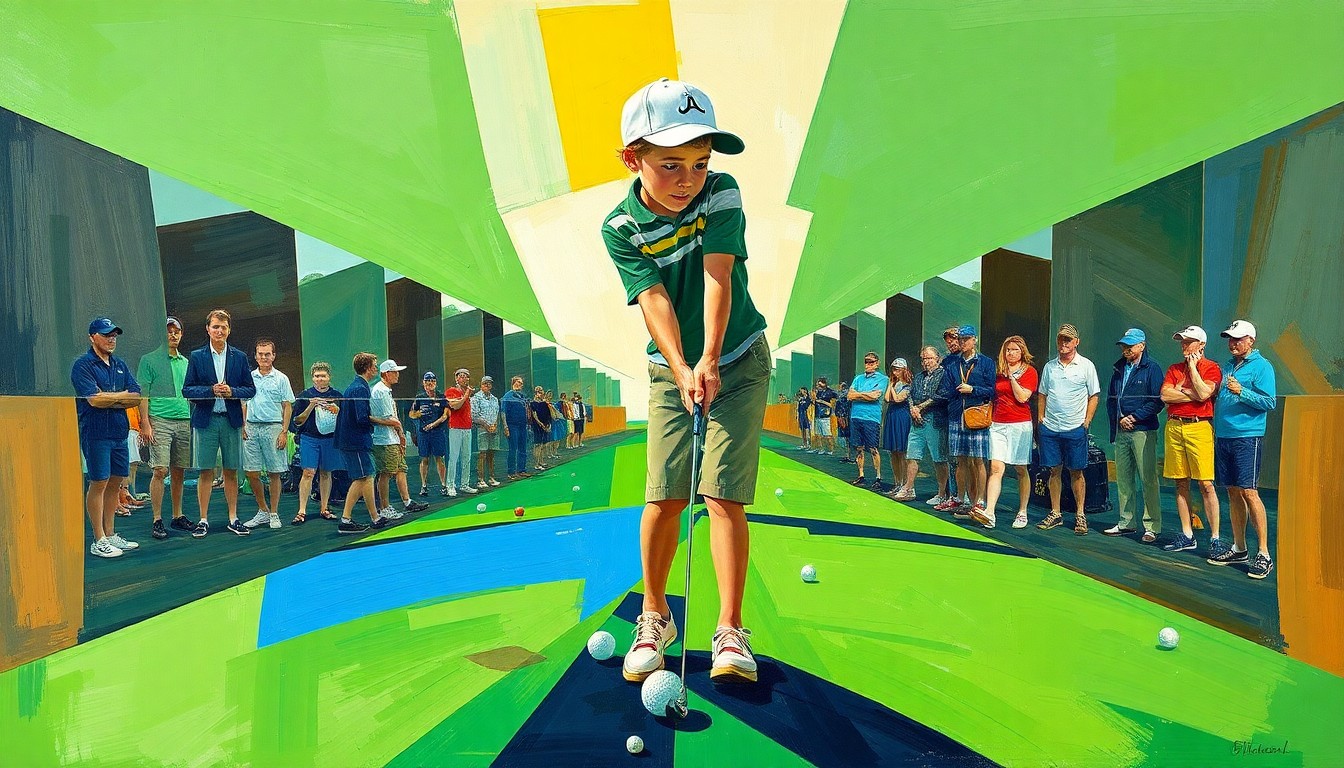 A fractured, multi-perspective painting in bold, geometric shapes and colors representing a young golfer's swing, putting motion, and competition at a major junior golf event.