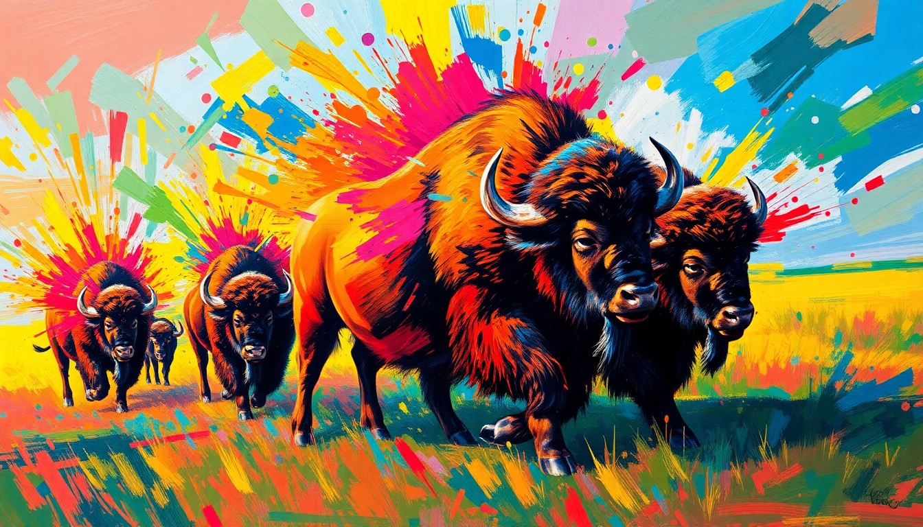 An abstract, energetic painting in neon colors depicting a herd of bison charging across a field, their forms dissolving into expressive brushstrokes.