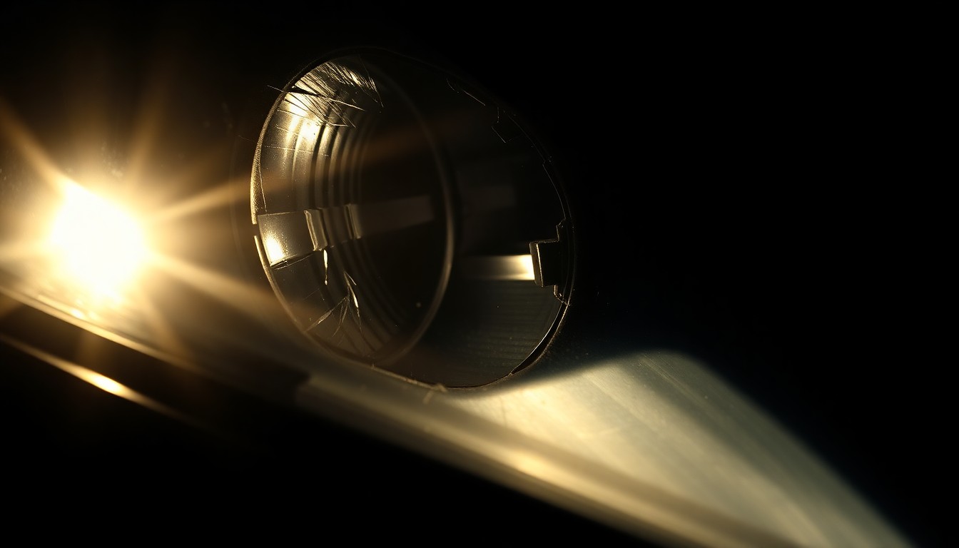 An extreme close-up of a damaged car sensor or headlight lens, reflecting a harsh, direct flash of light, conceptually illustrating the vandalism and crashes impacting local buildings.