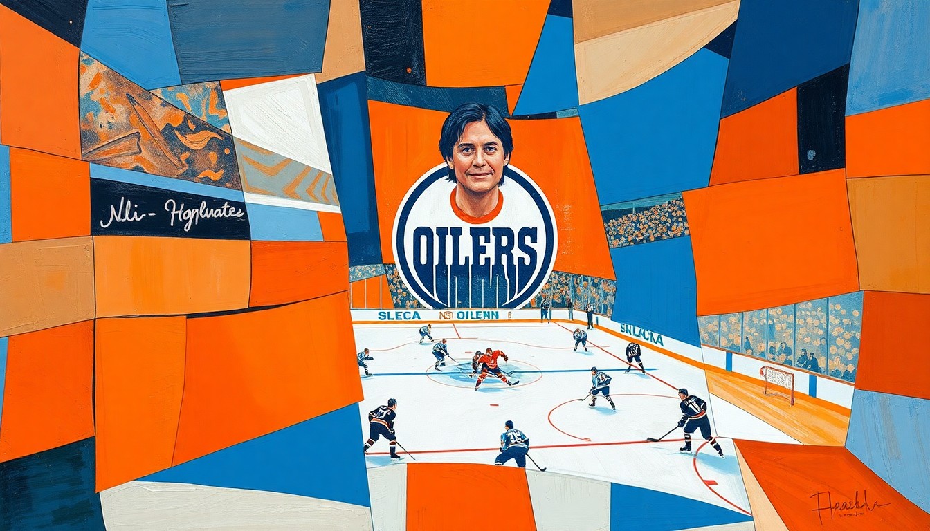 A cubist, geometric illustration depicting an Oilers hockey game, with overlapping planes of orange, blue, and white shapes representing the players and action on the ice.