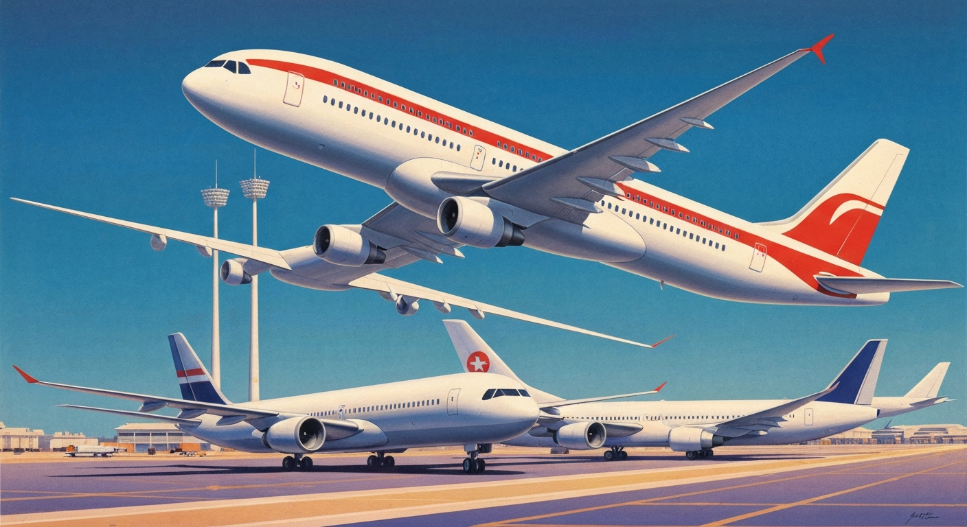 A bold, geometric illustration in the Art Deco style depicts the grand scale and sleek design of international air travel, capturing the essence of an upgraded premium economy experience.