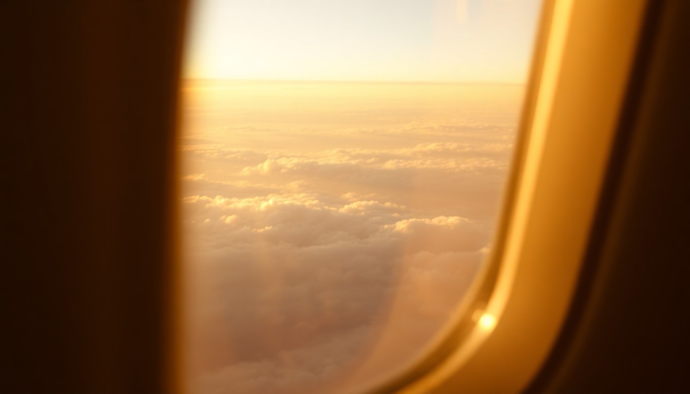 An abstract, out-of-focus photograph of an airplane window showing a glimpse of clouds and sky, with a warm, golden glow, conceptually representing the intimate experience of air travel and the unexpected arrival of a newborn passenger.