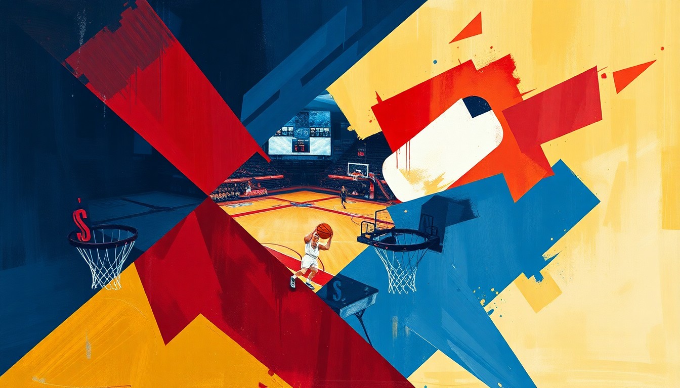 A cubist, geometric painting depicting the fragmented action of a college basketball game, with sharp planes of navy, crimson, and gold colors overlapping to create a dynamic, abstract visual representation of the sport.