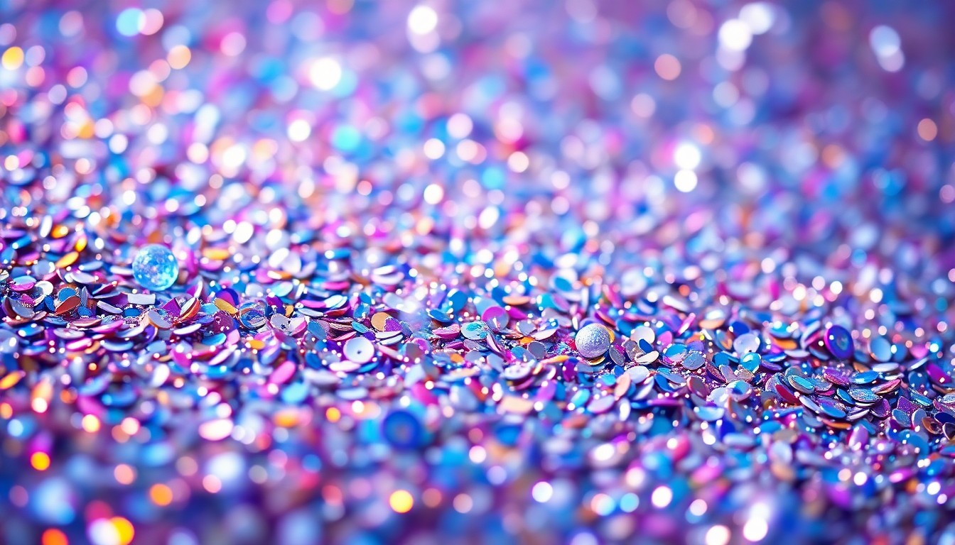 An extreme close-up photograph of shimmering sequins and reflective disco ball shards, creating an abstract, high-contrast texture that evokes the excitement and energy of a summer concert experience.