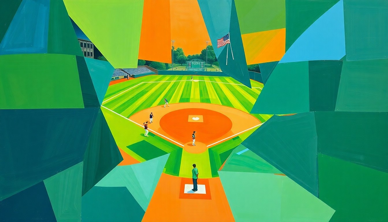 A cubist, fragmented painting in shades of green, blue, and orange, depicting a high school softball game from multiple perspectives through sharp, overlapping geometric shapes and planes.