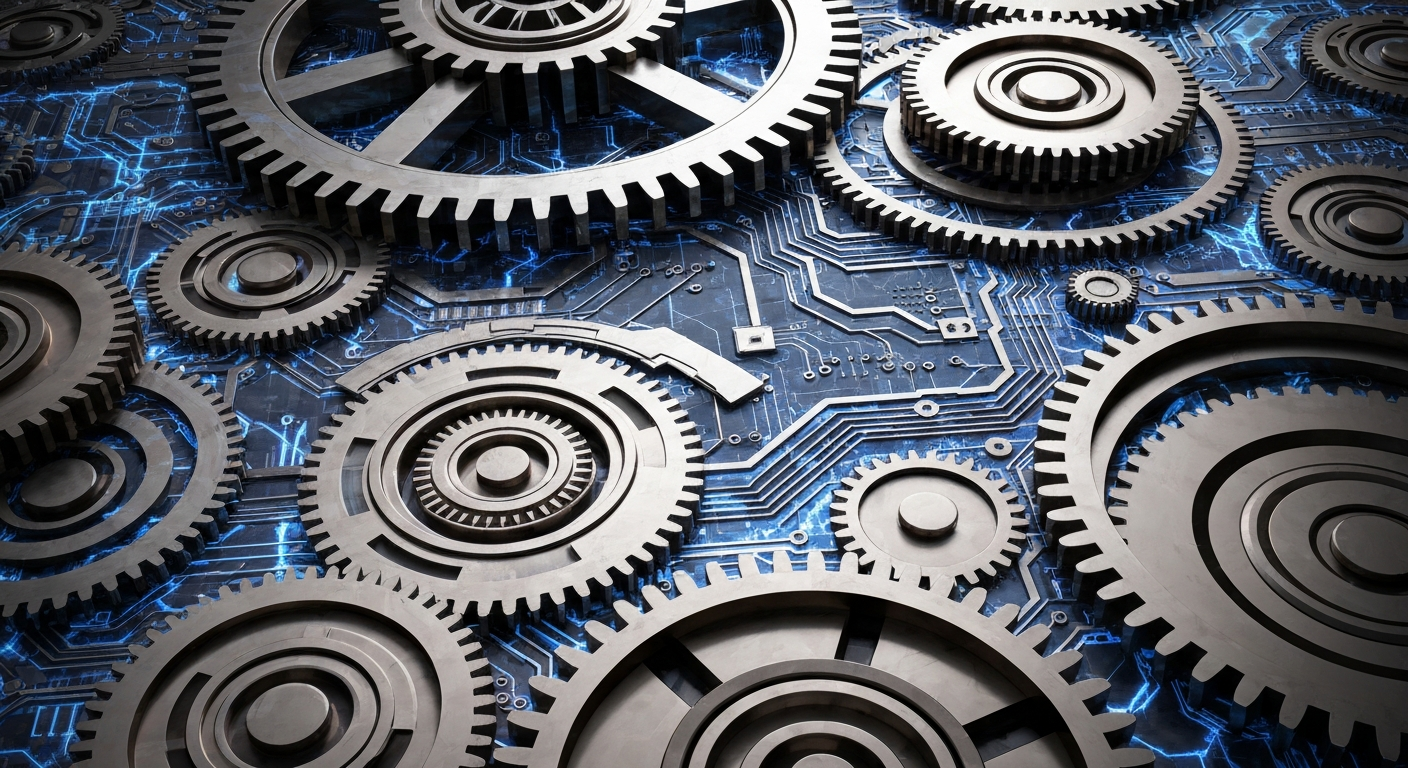 An extreme close-up of intricately geared machinery and circuits in shades of steel grey, bronze, and electric blue, conceptually representing the powerful financial infrastructure and technological backbone of major tech companies.