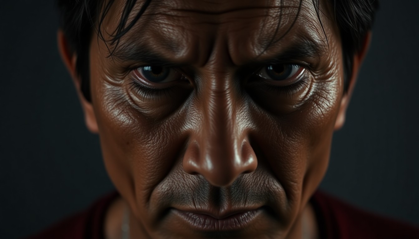 An extreme close-up photograph of a worn, exhausted face in dramatic, high-contrast studio lighting, conveying the emotional toll of personal struggles.