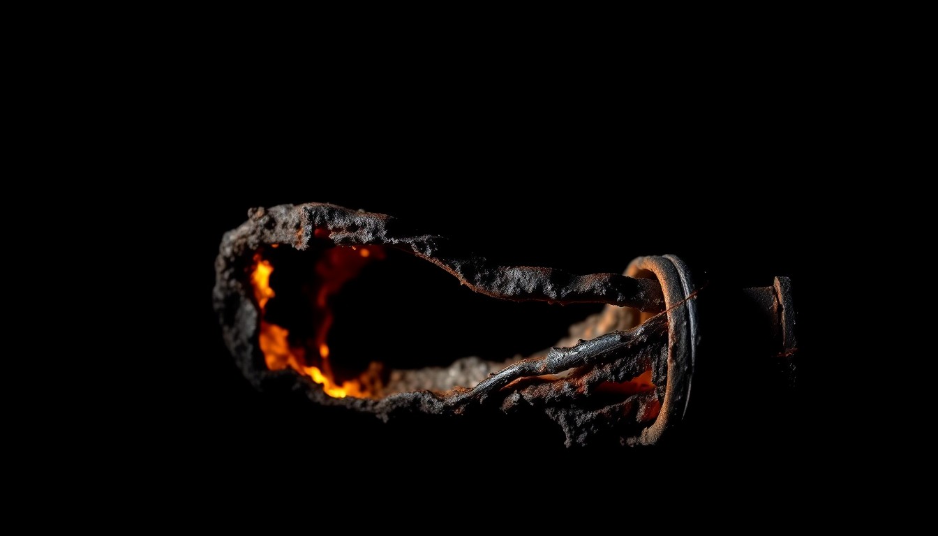 An extreme close-up photograph of a charred, twisted metal object from the house fire scene, lit by a harsh, direct camera flash against a pitch-black background, conceptually illustrating the gritty, investigative nature of this tragic incident.