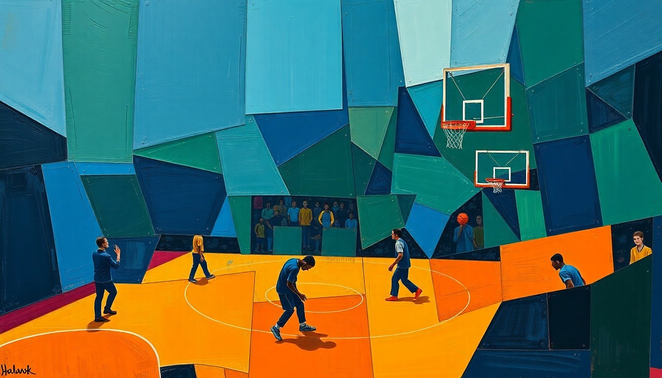 A cubist, geometric painting depicting fragmented basketball players and coaches in overlapping planes of navy, green, and orange, conveying the dynamic energy and uncertainty of a potential coaching transition for the Milwaukee Bucks.