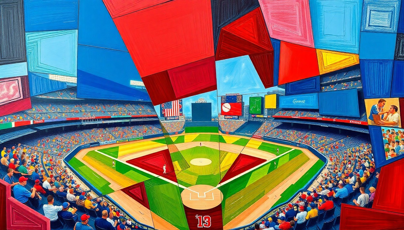 A fragmented, abstract painting depicting a baseball game broken down into sharp, overlapping geometric shapes and planes in a vibrant color palette, conveying the strategic analysis and expert insights behind the day's MLB predictions.