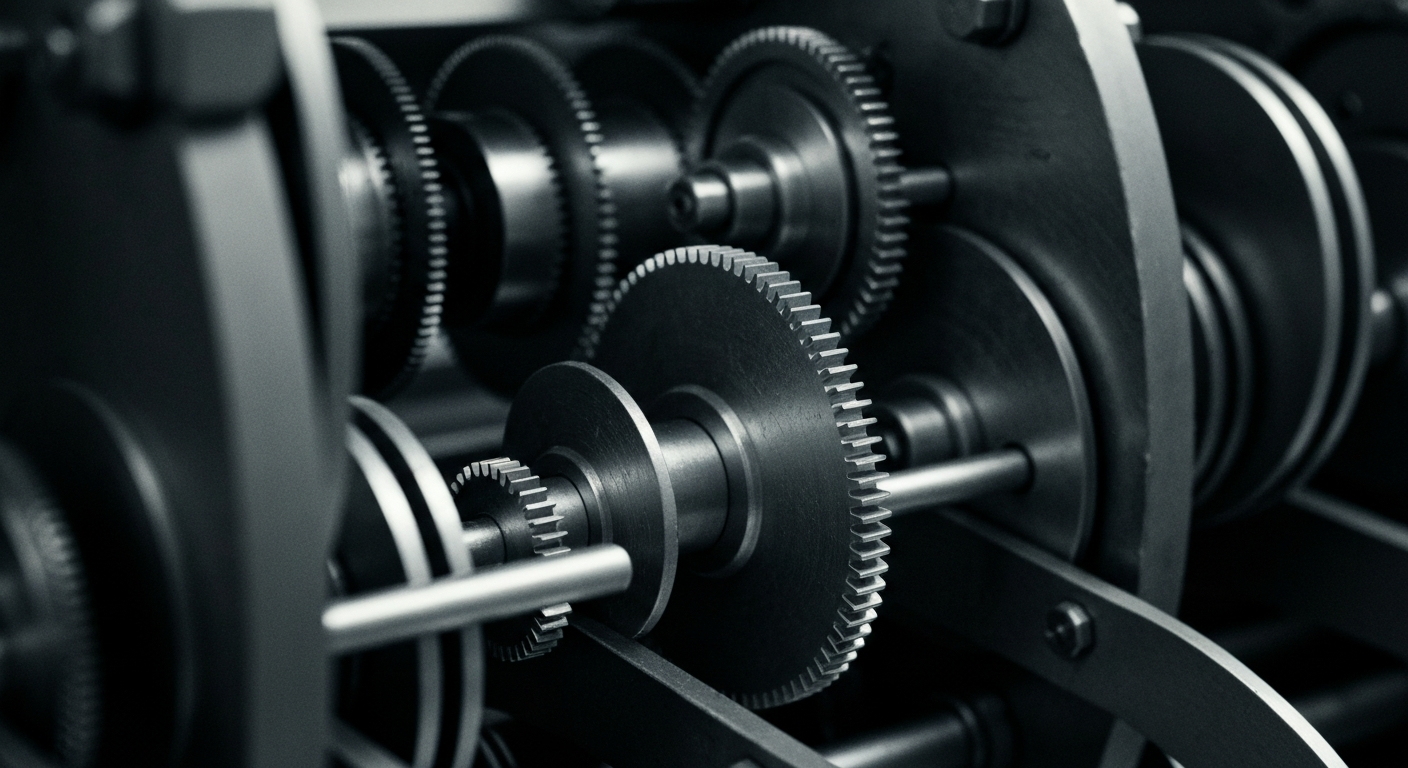 An extreme close-up of the complex, interlocking machinery and mechanisms that power a modern financial institution, captured in high-contrast black and white to convey the industrial, institutional nature of the banking industry.