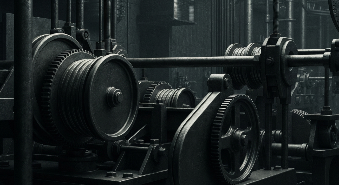 An extreme close-up of industrial banking machinery and equipment, conveying a sense of financial security and institutional power without using literal currency or charts.