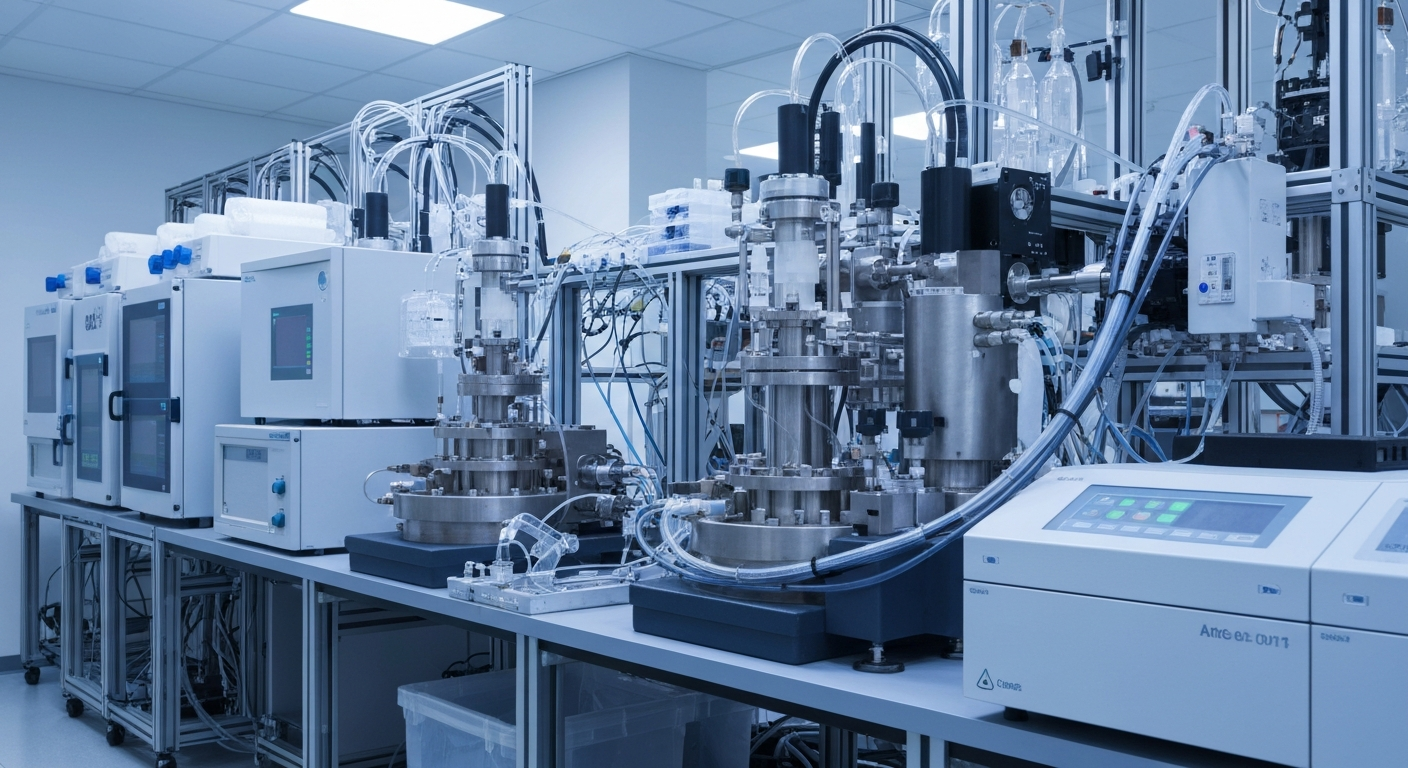 An extreme close-up of intricate, heavy industrial biotech machinery and equipment, conveying the technical and complex nature of pharmaceutical research and development without any text or identifiable elements.