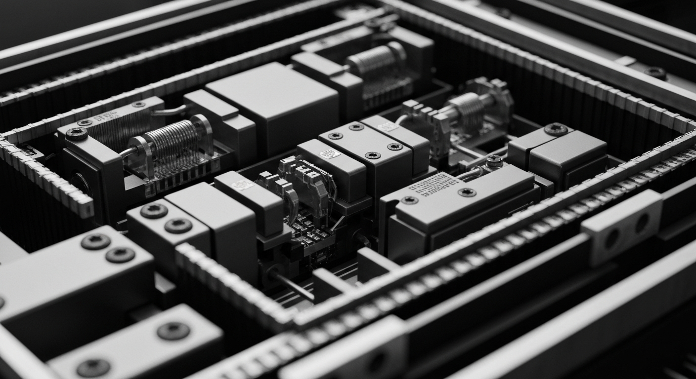 An extreme close-up view of the intricate inner workings and components of a lithium-ion battery cell, captured in a high-contrast, industrial style that conveys the complex nature of advanced battery manufacturing.