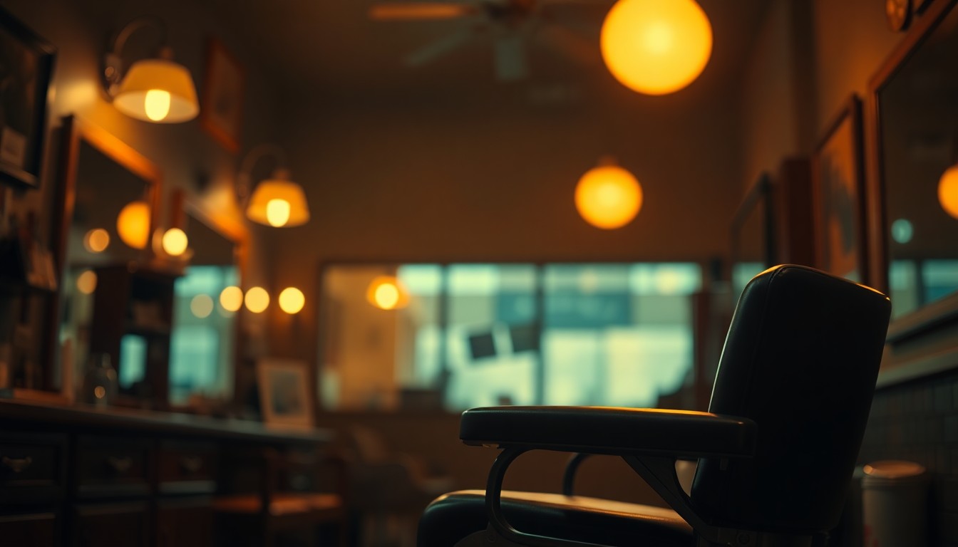 An extremely abstracted, out-of-focus photograph of a vintage barber's chair in a dimly lit barbershop, with warm pools of soft light and color creating a nostalgic, atmospheric mood that evokes the passing of a beloved local figure.