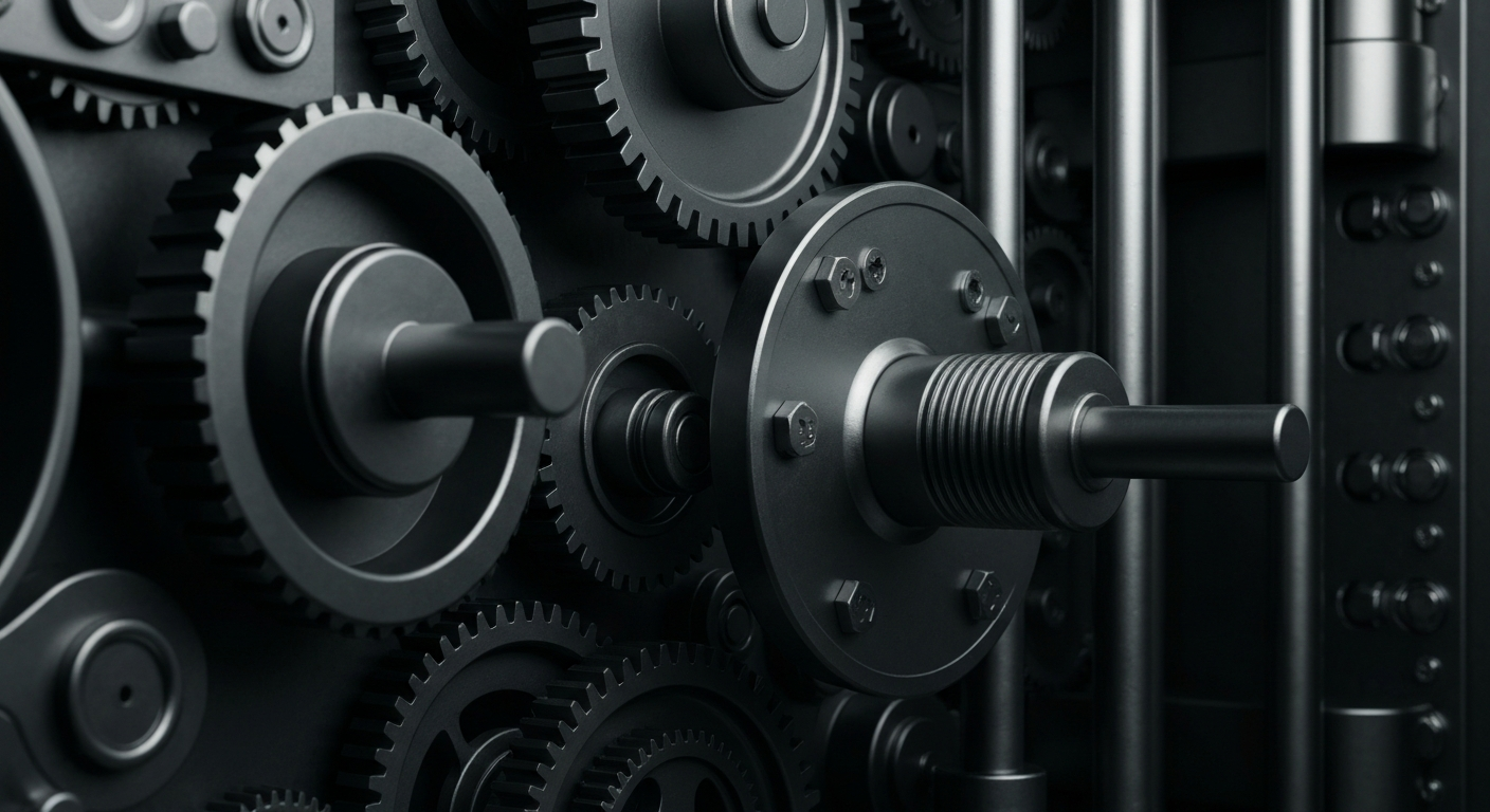 An extreme close-up of the intricate gears, locks, and steel mechanisms of a bank vault, conveying a sense of the physical power and security of financial institutions.