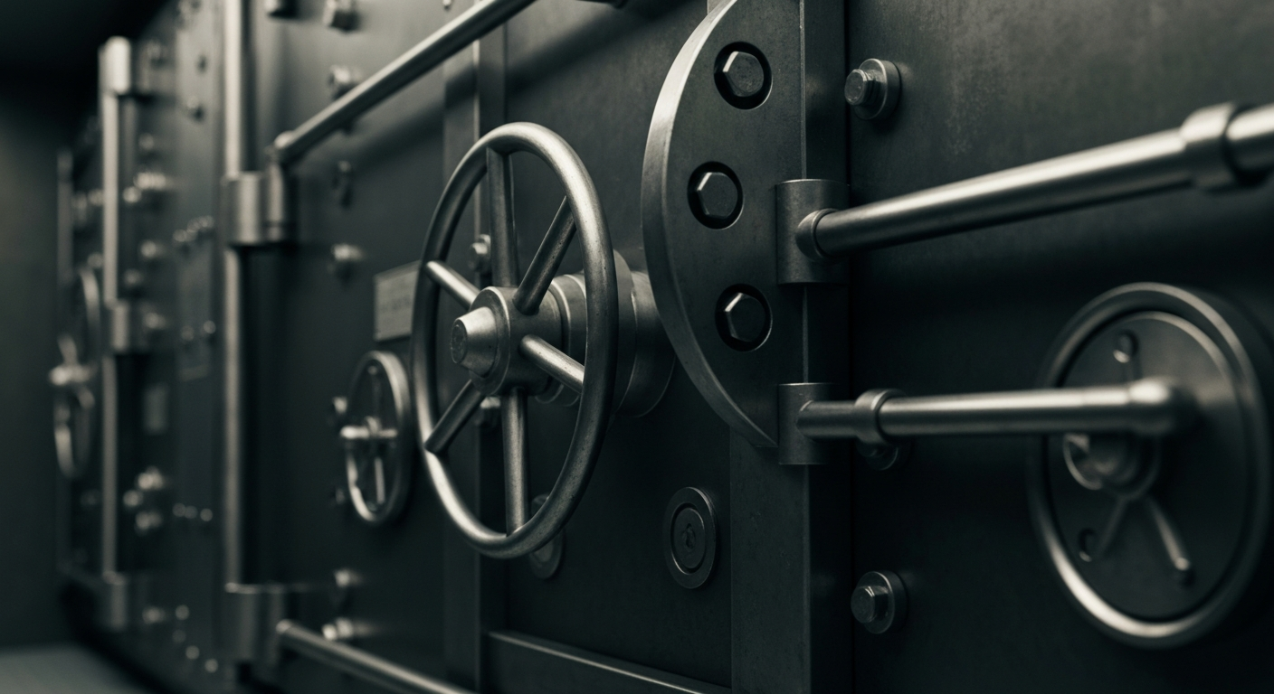 An extreme close-up of heavy, industrial machinery and equipment used in the finance and banking sectors, conveying a sense of strength, stability, and the tangible nature of financial security.