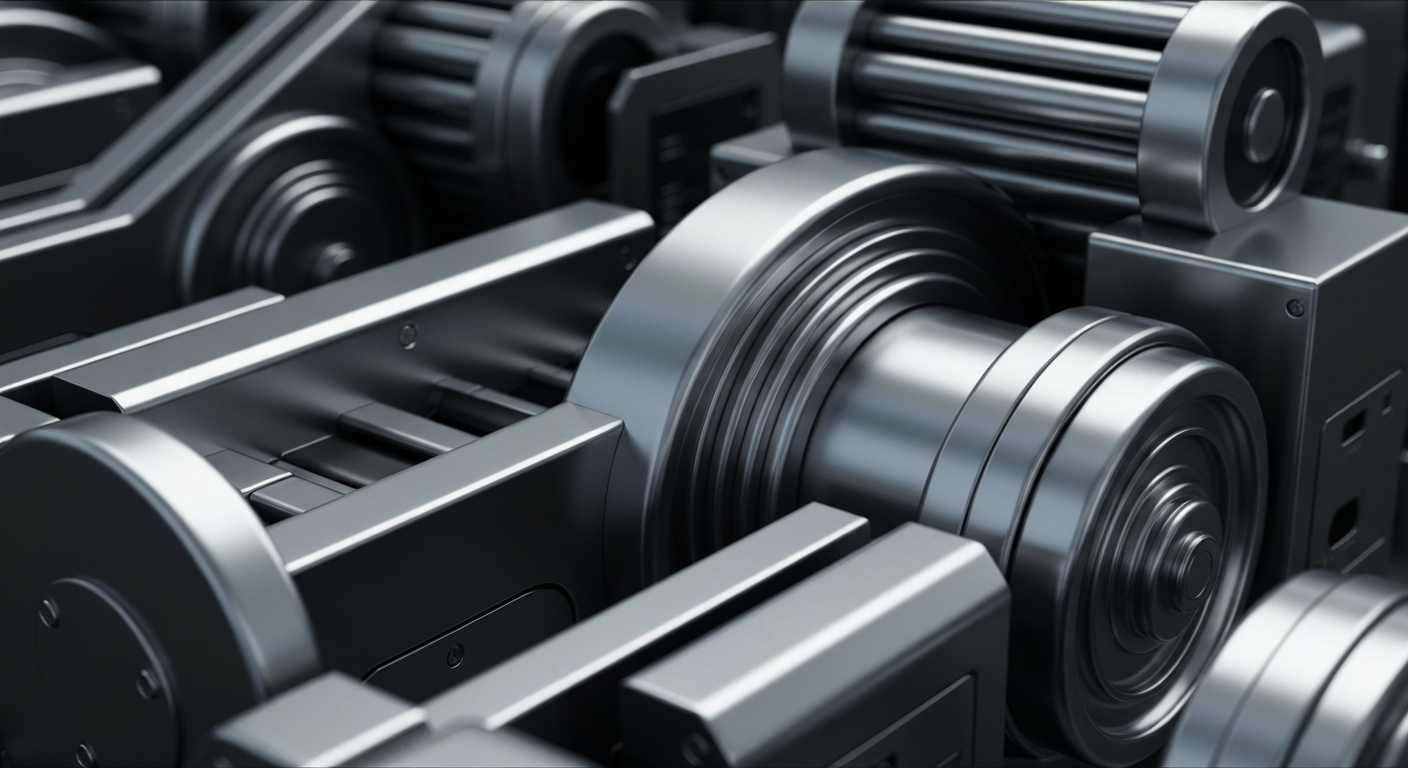 An extreme close-up of gleaming, intricate banking machinery and equipment, conveying the secure, institutional nature of regional banking without using any text or symbols.