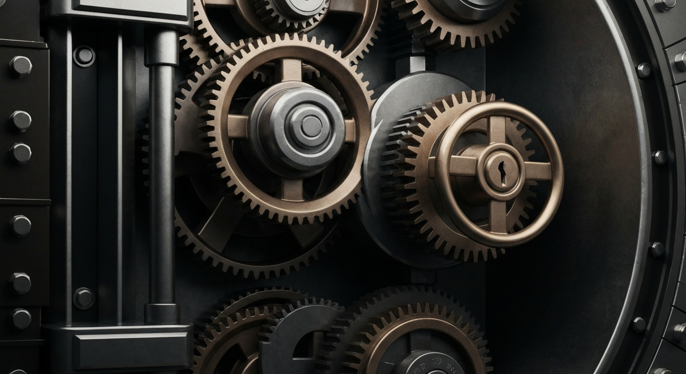 An extreme close-up of the intricate gears, locks, and heavy metal components that make up the inner workings of a bank vault, conveying a sense of the robust yet vulnerable nature of the banking industry.