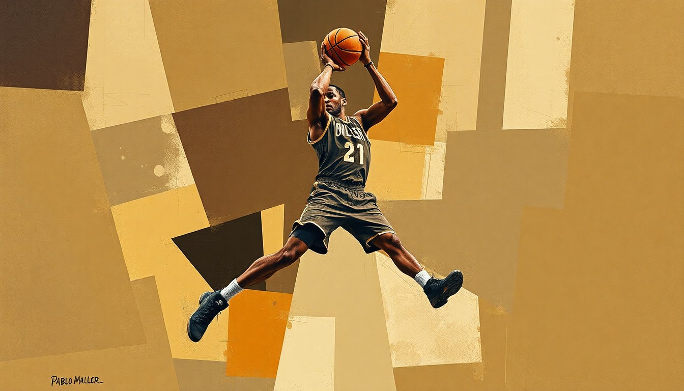 A fragmented, geometric painting depicting the movements and energy of a basketball player, with sharp planes of muted earth tones creating a sense of motion and intensity.