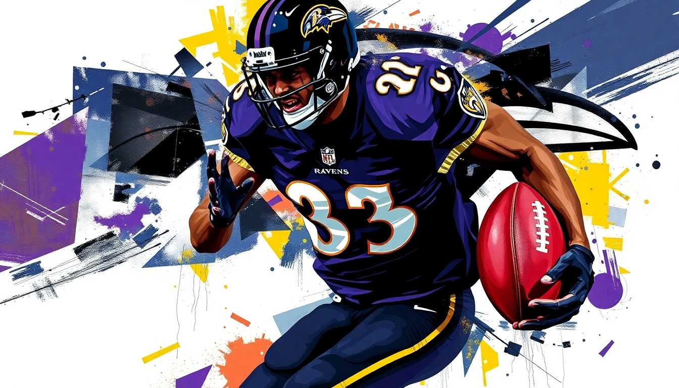 A cubist, geometric painting depicting a football player in motion, broken down into overlapping planes of purple, black, and gold - the official colors of the Baltimore Ravens.