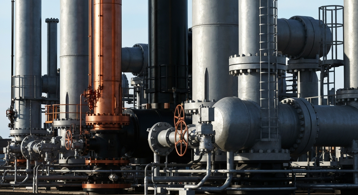 An extreme close-up of industrial oil and gas equipment in shades of steel grey, copper, and black, conveying the vital yet vulnerable nature of the global energy infrastructure.