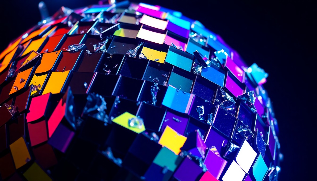 An extreme close-up photograph of a shattered disco ball, the jagged shards of mirrored glass reflecting a vibrant array of colors, conceptually representing the creative energy and emotional resonance of the final season of the comedy series 'Hacks'.