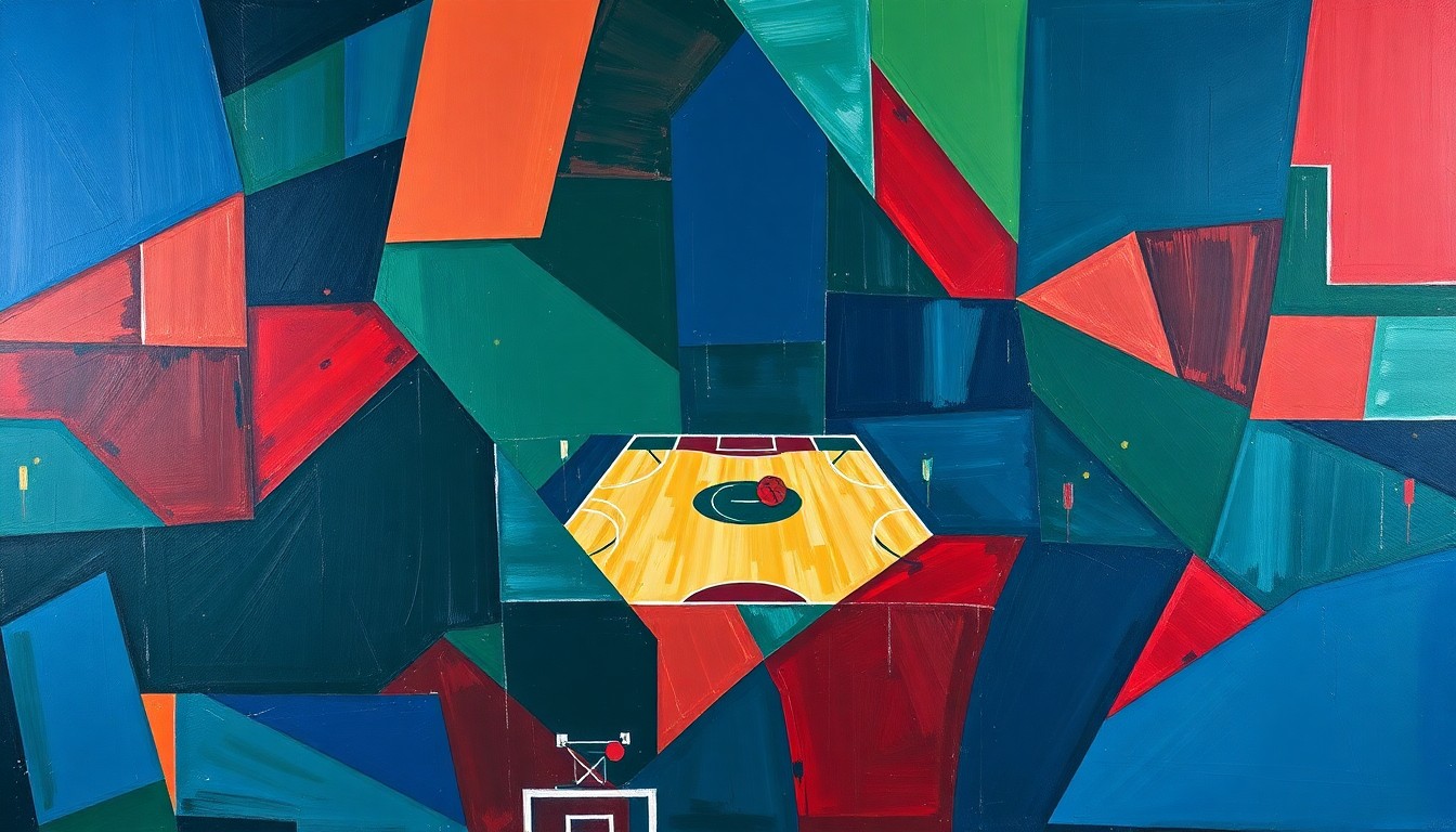 A fragmented, cubist-style painting depicting the action and movement of a basketball game, with sharp geometric shapes and planes in navy, green, and red colors.