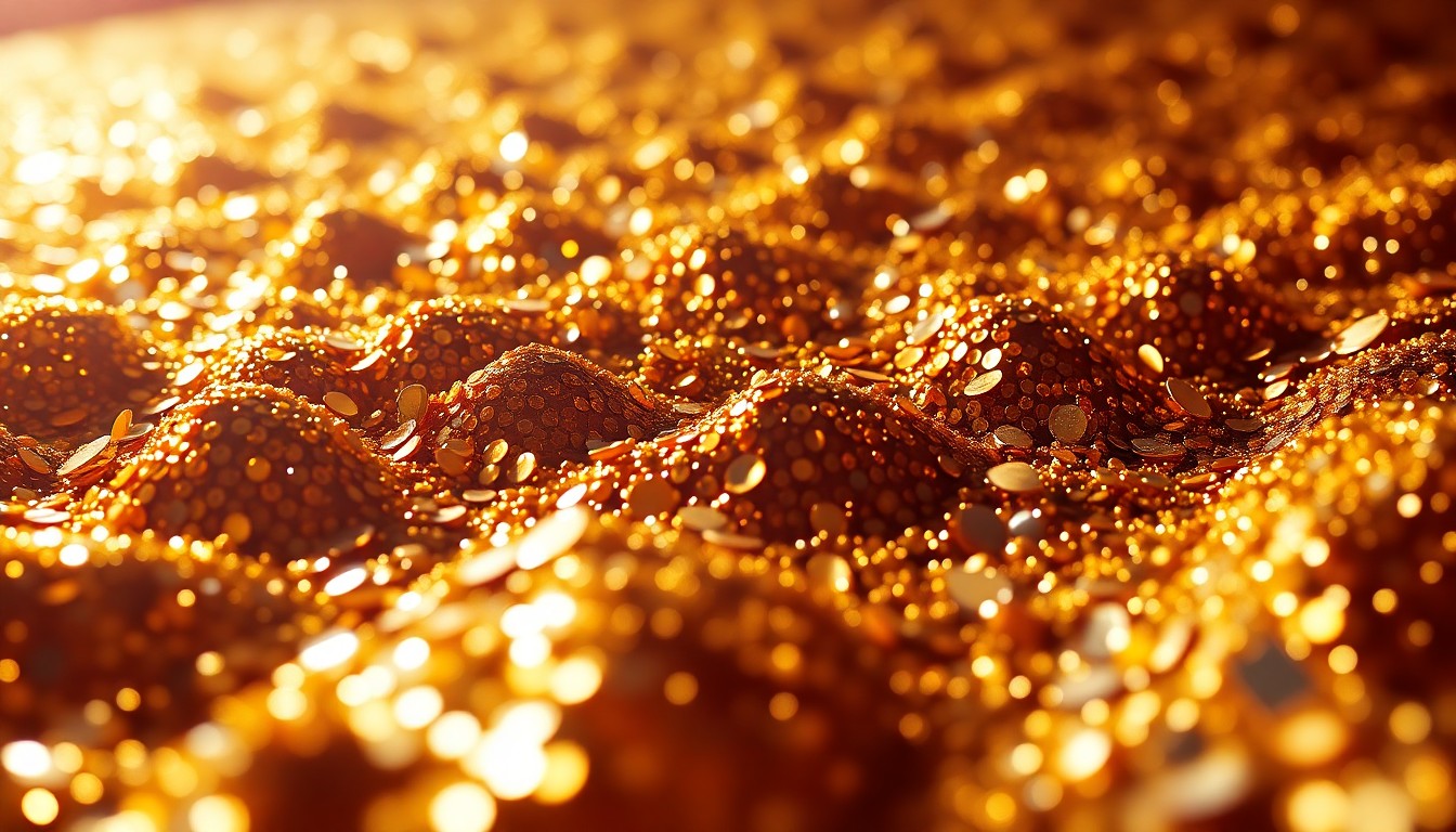 An extreme close-up photograph of shimmering gold sequins and glittering disco ball fragments, reflecting dramatic studio lighting to create a high-fashion, red carpet aesthetic.