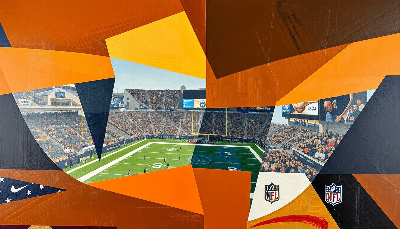 A fragmented, geometric painting in earthy tones depicting an abstract football scene, conveying the conceptual idea of unpredictability and multiple perspectives in the upcoming NFL Draft.