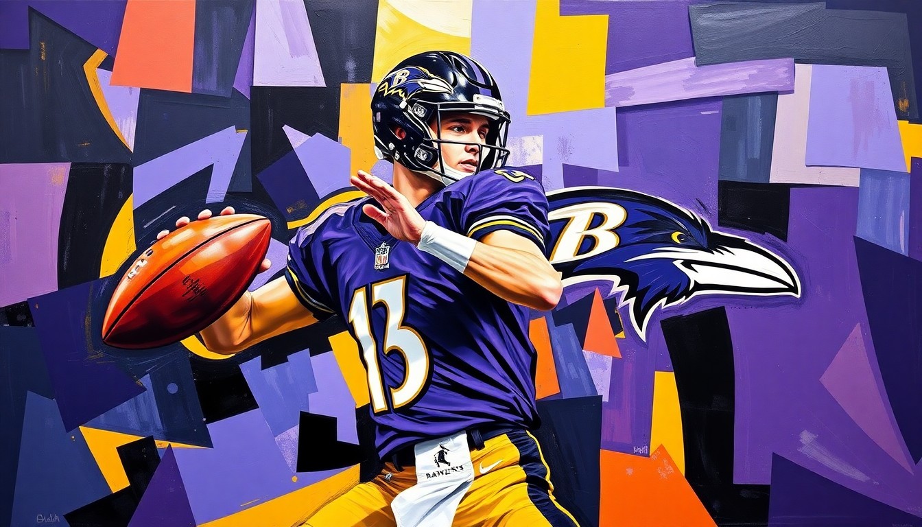 A fragmented, geometric painting in the style of Picasso, depicting a quarterback in motion with sharp, overlapping planes of color representing the Ravens' official team palette.