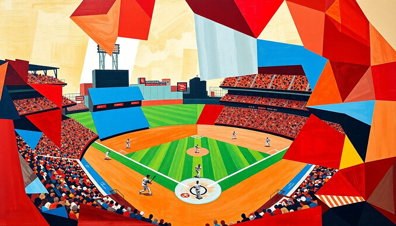 A cubist, geometric painting depicting a fragmented baseball diamond and players, conveying the chaotic fallout from the Red Sox's trade of Rafael Devers.