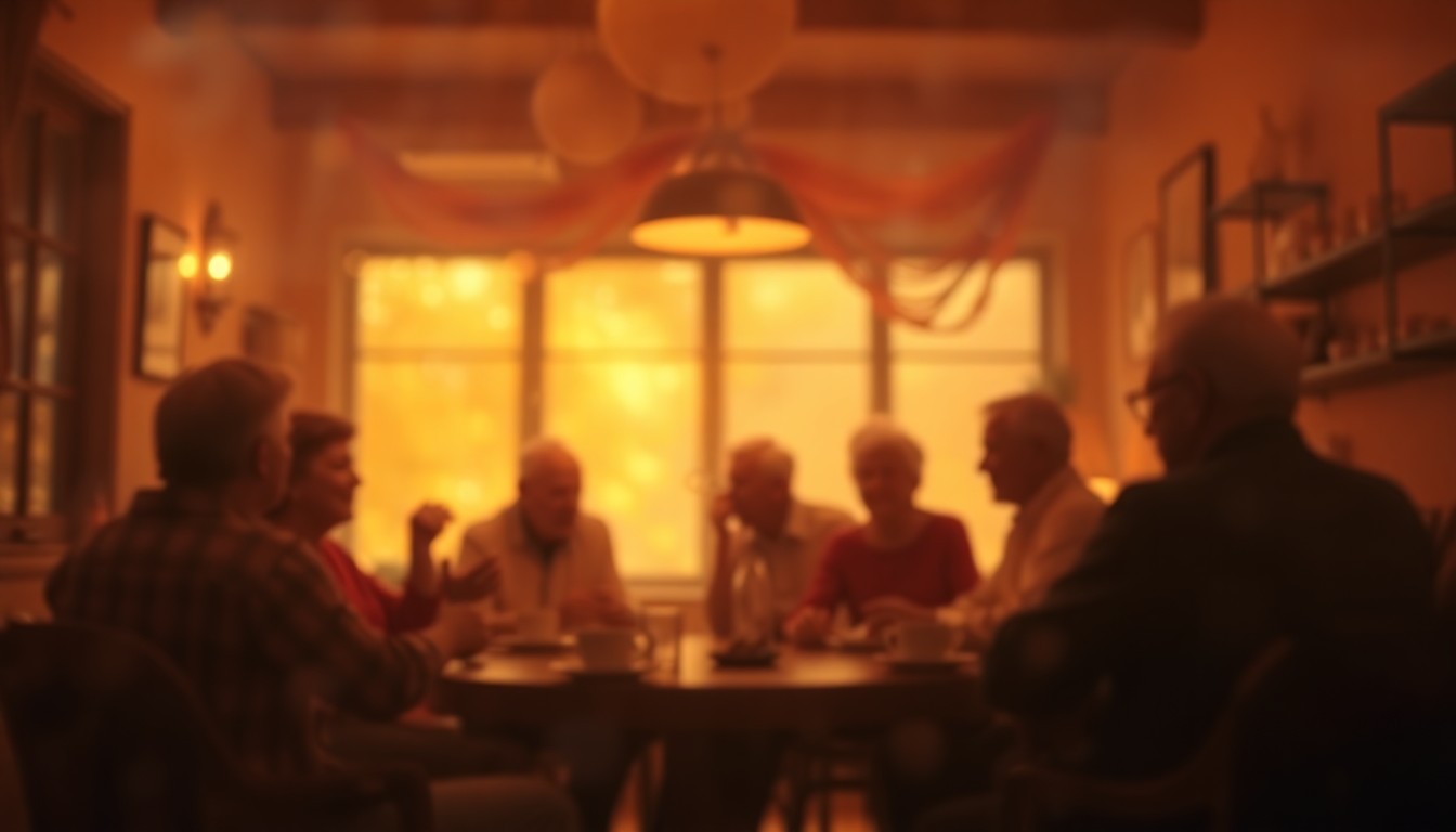 An extremely abstracted, out-of-focus photograph depicting a warm, cozy indoor scene with blurred silhouettes of older adults socializing and enjoying a meal together, surrounded by soft pools of golden light and muted pastel colors.