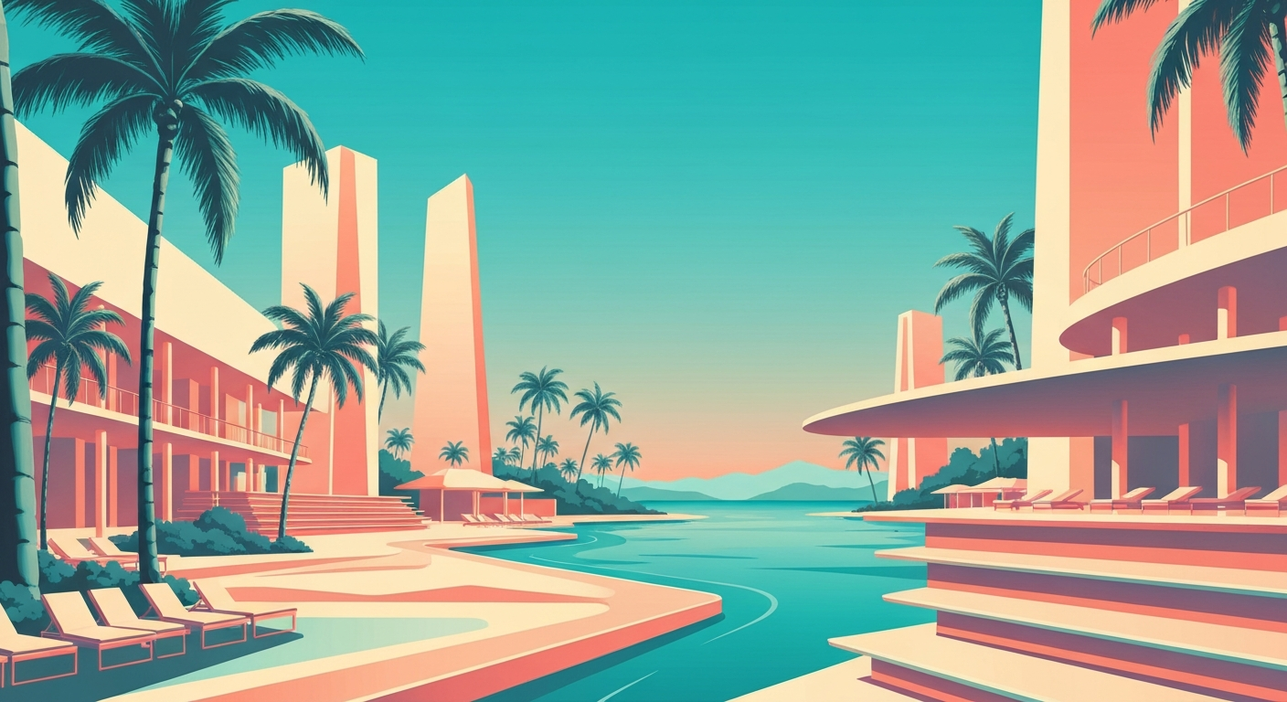 A bold, geometric illustration in the Art Deco style, depicting the grand scale and romantic atmosphere of a luxury island resort, with sweeping ocean vistas, towering palm trees, and sleek architectural forms in shades of turquoise, coral, and sand.