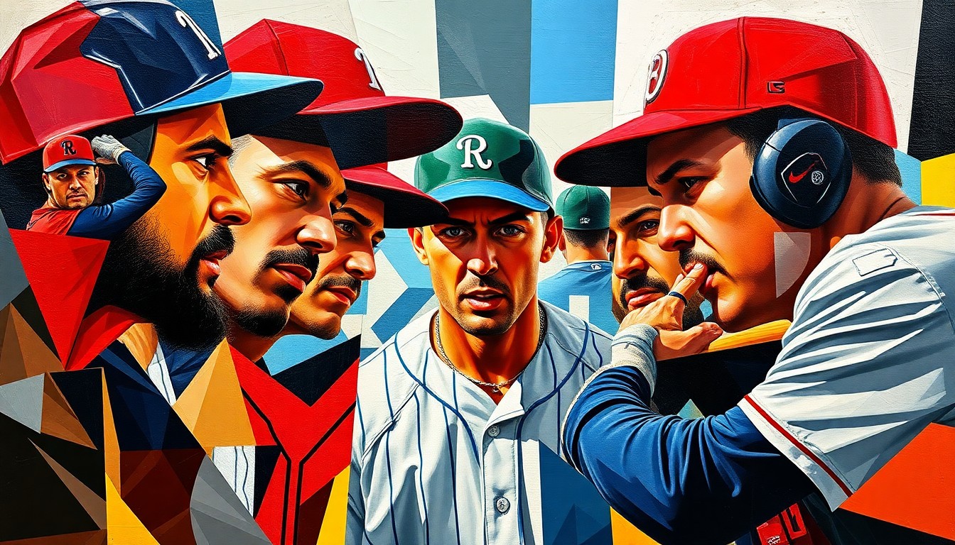 A fragmented, geometric painting depicting the chaotic action of a baseball game, with the players' forms broken down into sharp, overlapping planes of color and shape, conveying the intensity and unpredictability of the sport.