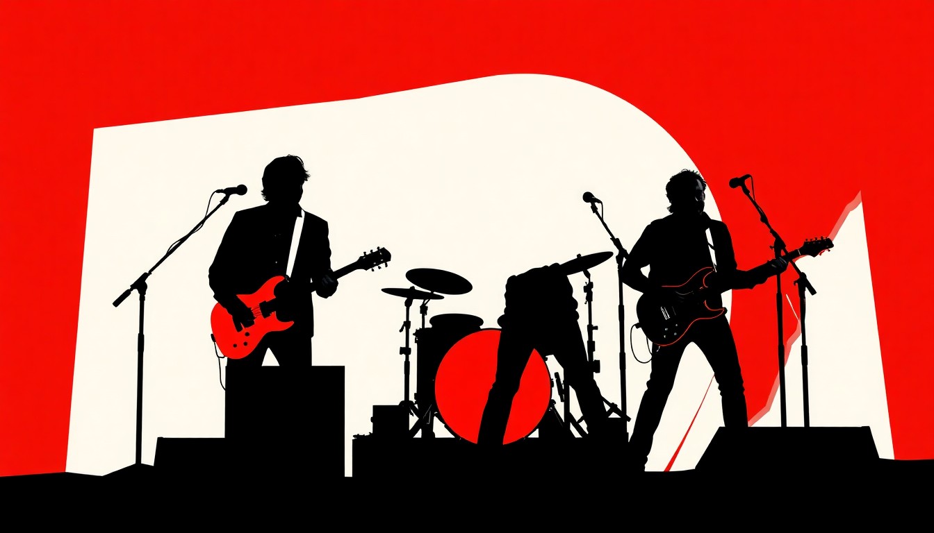 A striking abstract illustration featuring jagged black silhouettes of musicians on stage, set against a high-contrast background of solid red and white shapes, capturing the energy and spirit of a Bruce Springsteen concert.