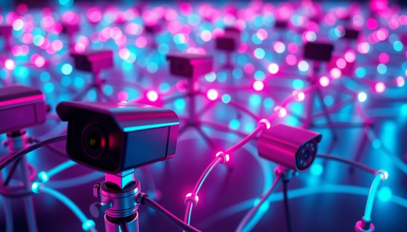 A highly detailed, glowing 3D illustration of a network of autonomous vehicle sensors and cameras, illuminated by neon cyan and magenta lights, conceptually representing the technological disruption and community tensions surrounding the rise of driverless cars in New York City.