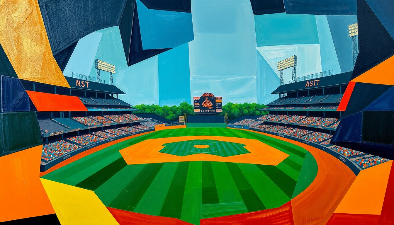 A fragmented, geometric painting depicting a baseball game, with sharp planes of navy, green, and orange overlapping to create a dynamic, abstract scene.