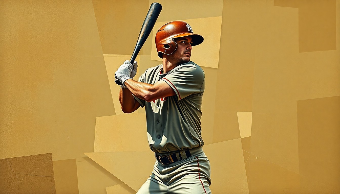 A cubist-style painting depicting a baseball player in the batter's box, their form broken down into overlapping geometric planes in muted earth tones.