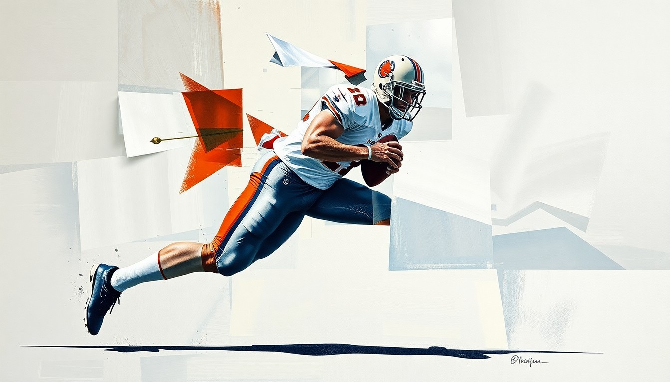 A cubist-style painting depicting a football player in mid-stride, their form broken down into sharp, overlapping geometric shapes in a range of blues, greens, and reds, conveying the dynamic and fragmented nature of the Dolphins' receiving situation.