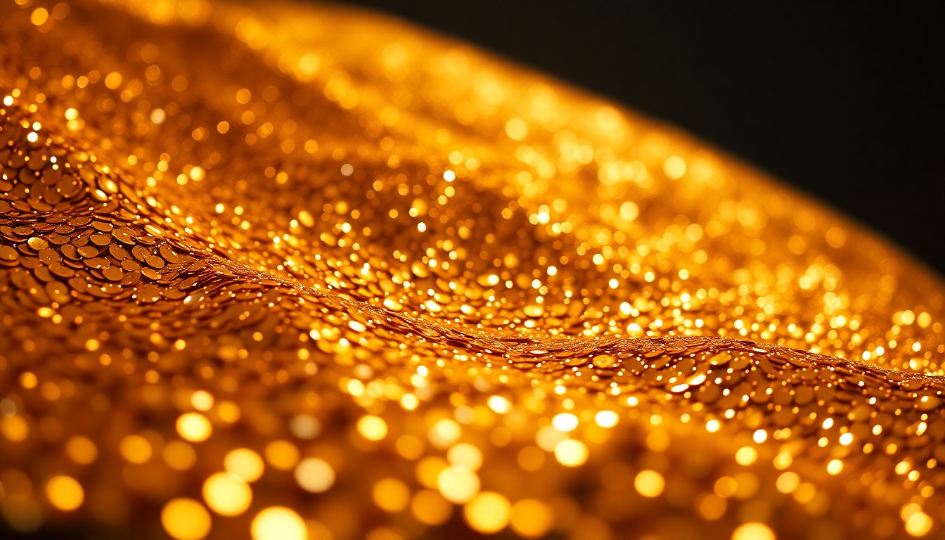 An abstract close-up photograph of glittering gold sequins, capturing the luxurious textures and high-contrast lighting associated with the entertainment industry.
