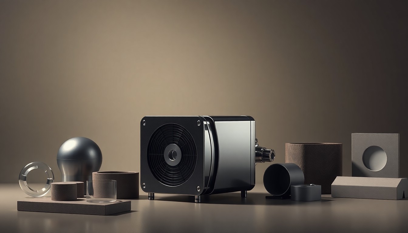 A photorealistic studio still-life featuring a sleek, polished metal fuel cell component surrounded by other premium industrial materials, conveying a sense of quality, innovation, and corporate integrity.
