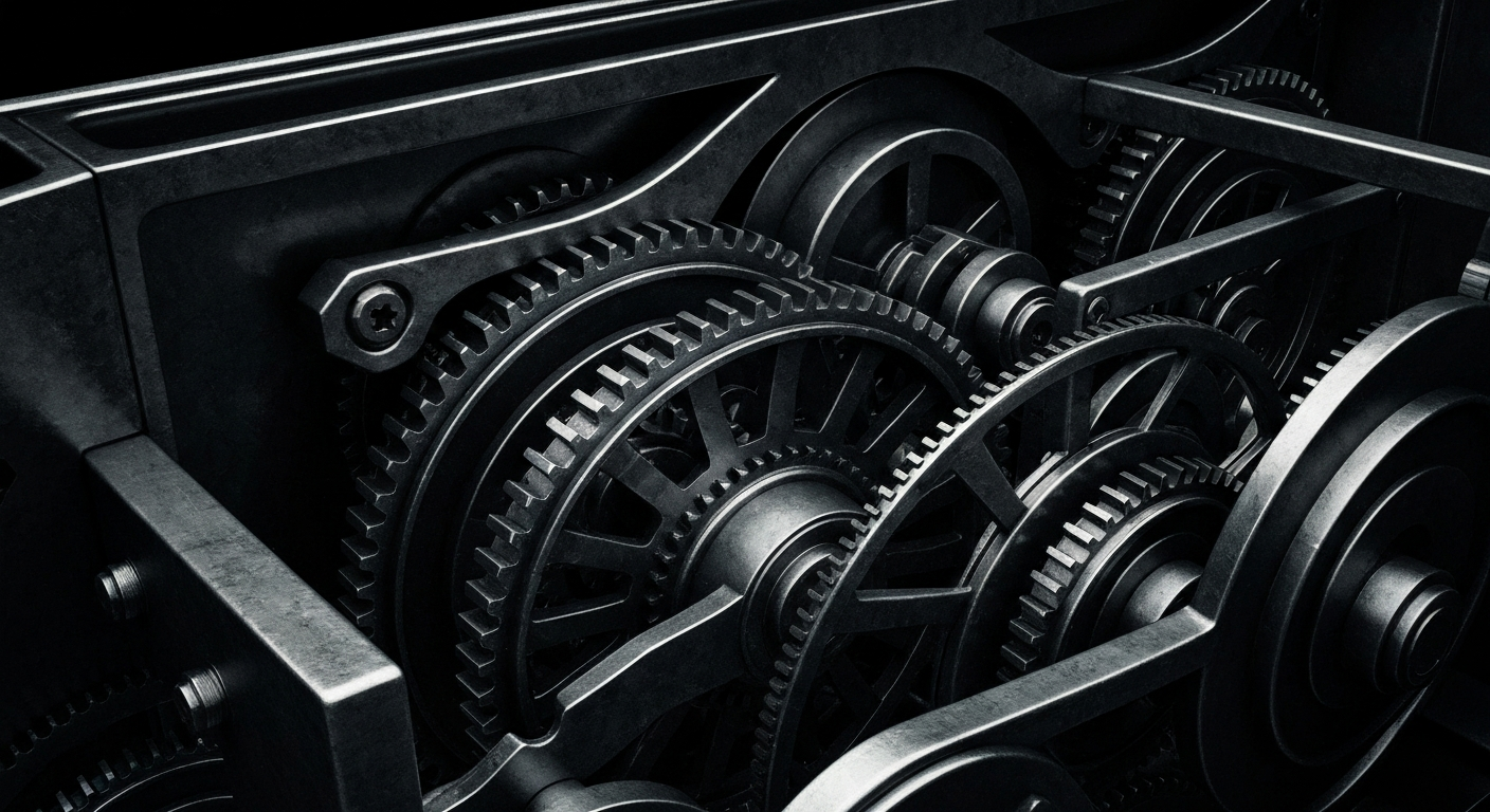 An extreme close-up of the inner workings of a casino slot machine, with gears, levers, and metal components filling the frame in a high-contrast, industrial style that conveys the tangible, physical nature of the casino industry's financial infrastructure.