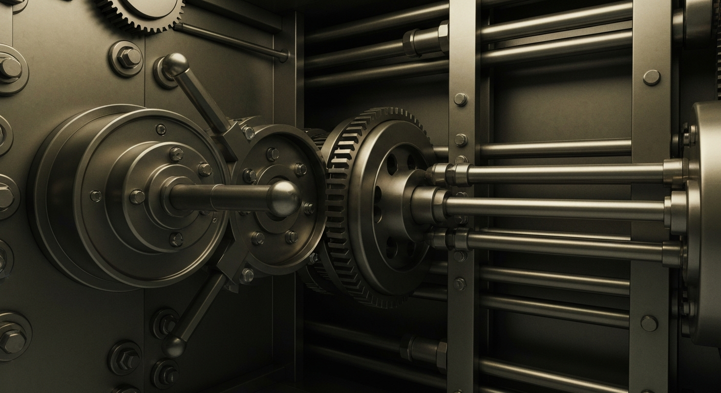 A highly detailed, black-and-white close-up image of the inner workings of a bank vault, with a focus on the complex mechanical components that represent the institutional power and financial infrastructure underlying the gaming industry.