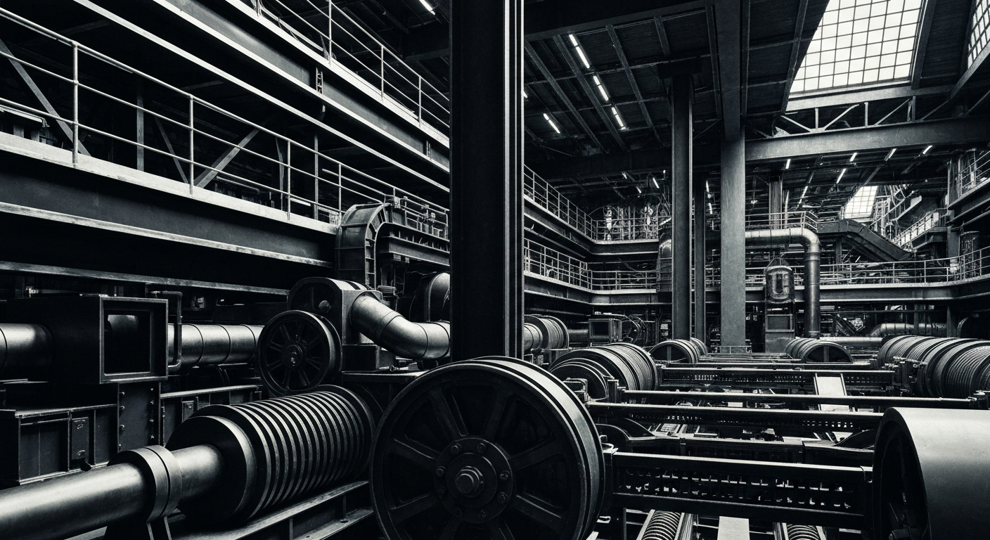 A close-up, black-and-white image of the gears, levers, and heavy machinery that comprise the inner workings of a casino, conveying a sense of the scale and industrial nature of the gaming industry.