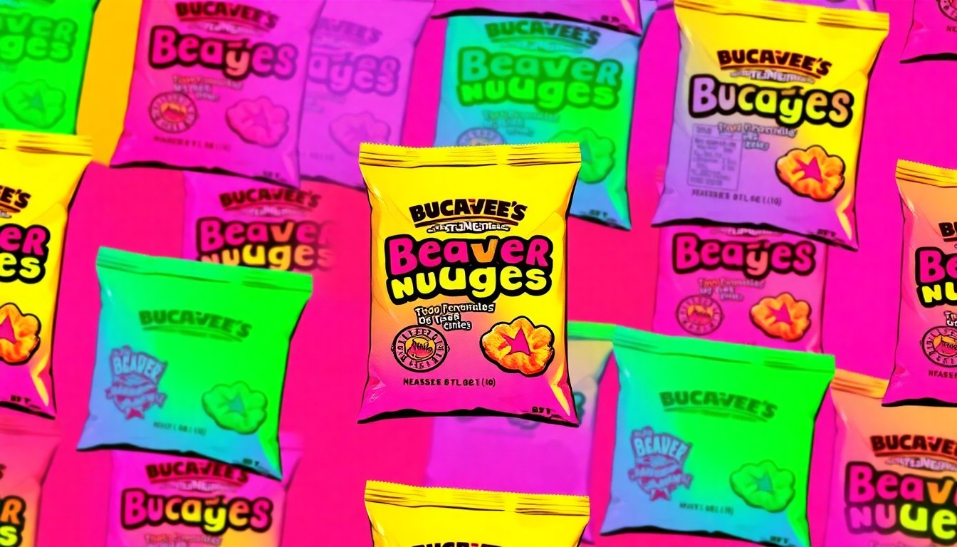 A brightly colored, high-contrast silkscreen print of a single, iconic Buc-ee's Beaver Nuggets snack bag repeated in a tight grid pattern, capturing the vibrant, playful energy of the convenience store chain's expansion into a new market.