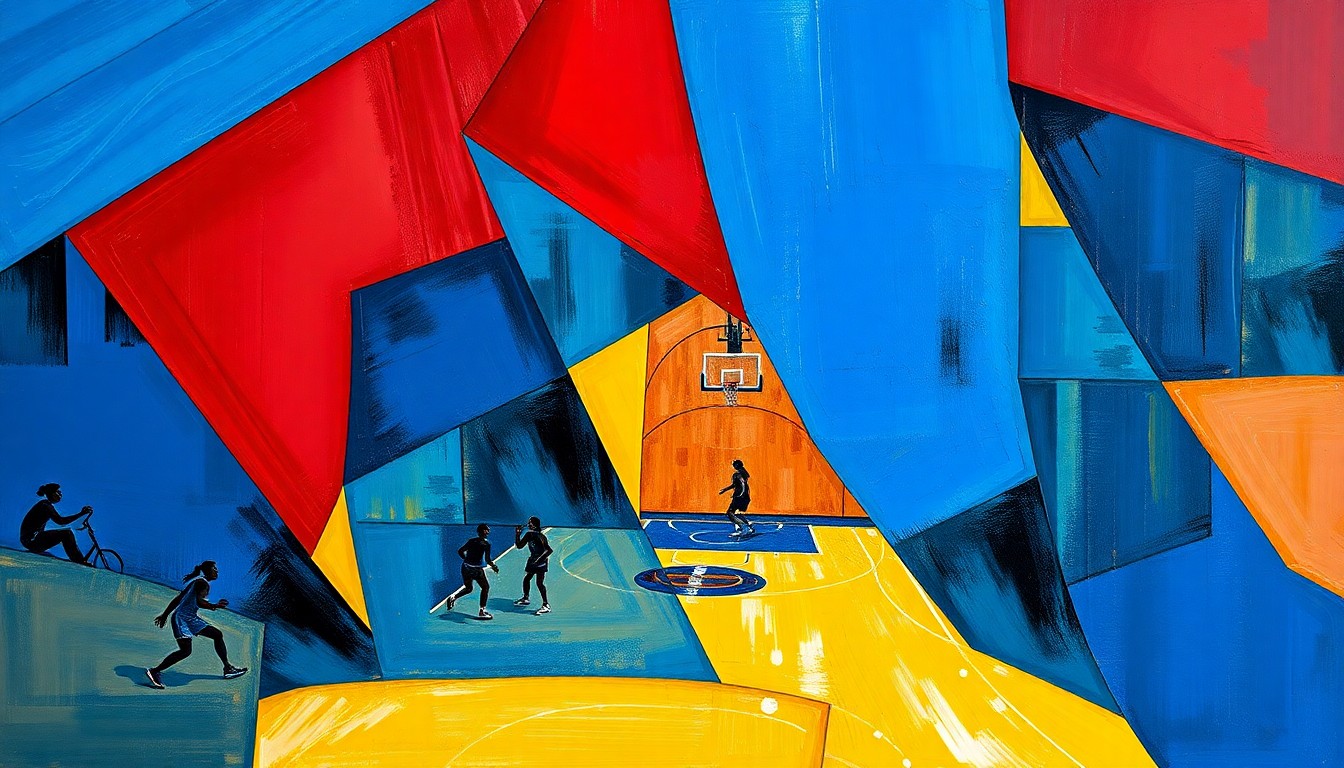 A fragmented, geometric painting depicting a women's basketball game, with sharp planes of color representing the dynamic action and strategic complexities of the sport.