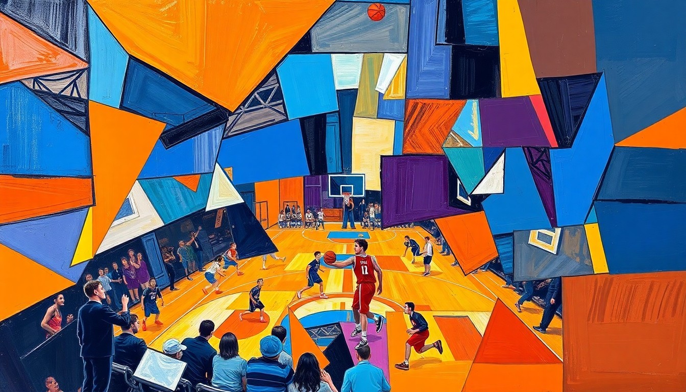 A cubist, geometric painting depicting the dynamic movements and energy of a high school basketball game, with players and the court fragmented into overlapping planes of color.