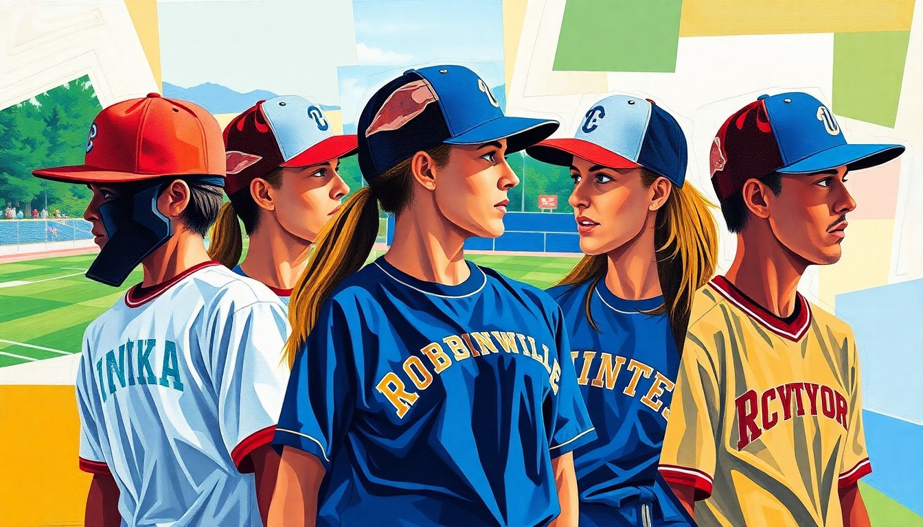 A cubist, geometric painting depicting the action of a high school softball game, with the players and field broken down into sharp, overlapping planes of color representing the official uniforms of the top teams in the region.